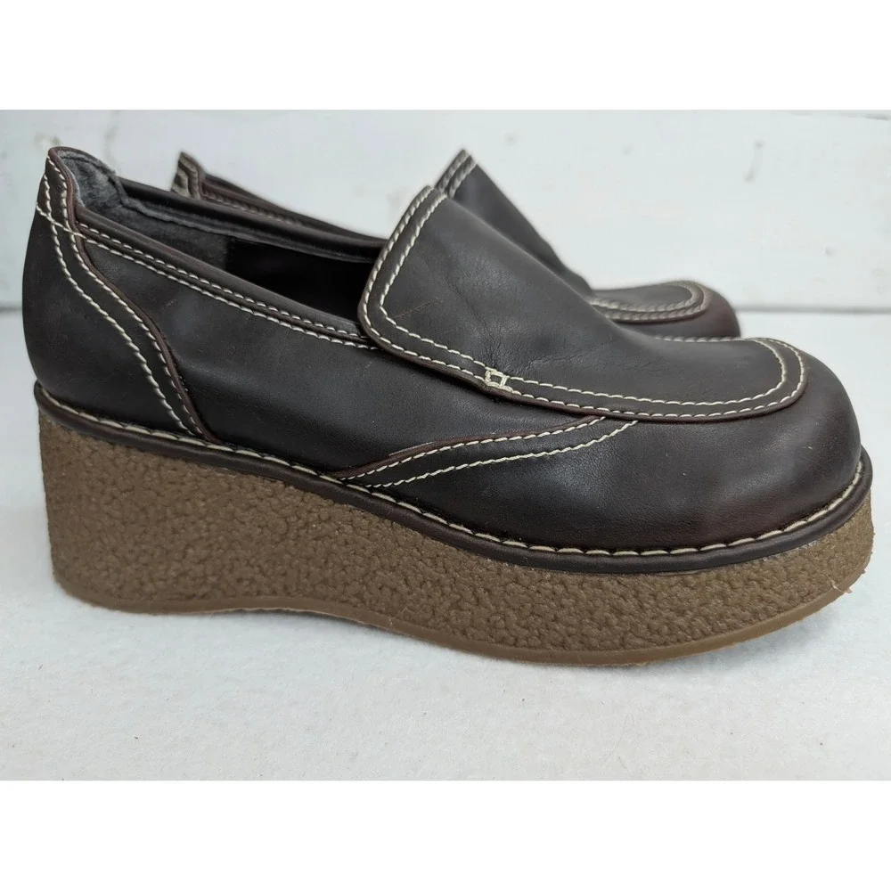 Maurices Womens 6.5 Brown Faux Leather Chunky Platform Loafers Y2K Wedge